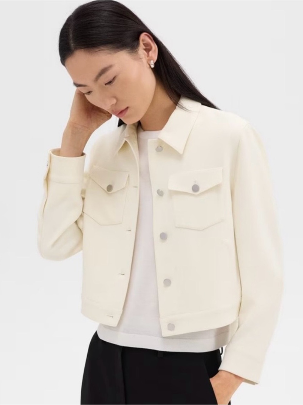 Theory Cream Cropped Button-Front Jean Jacket